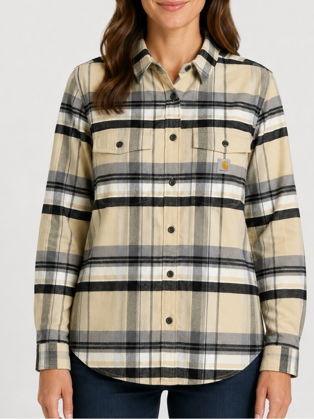 Carhartt Women’s button down beige Plaid Relaxed Fit Flannel Shirt size small